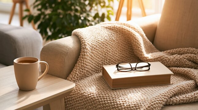 Cozy home scene with a soft blanket book reading glasses and morning coffee cup
