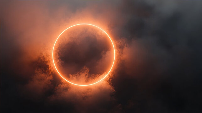 Solar eclipse ring of fire glowing through dark clouds and smoke in deep space