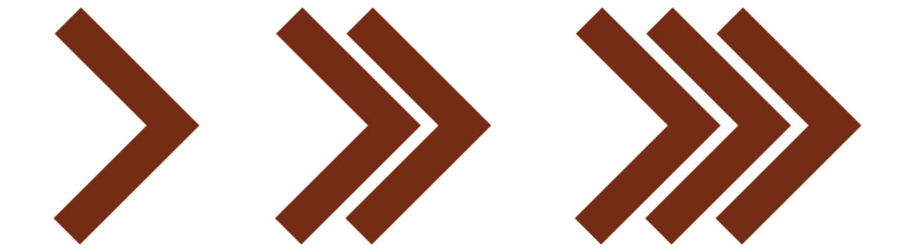 Vector chevron arrow icons set pointing right in single double and triple layout for interface navigation and progress