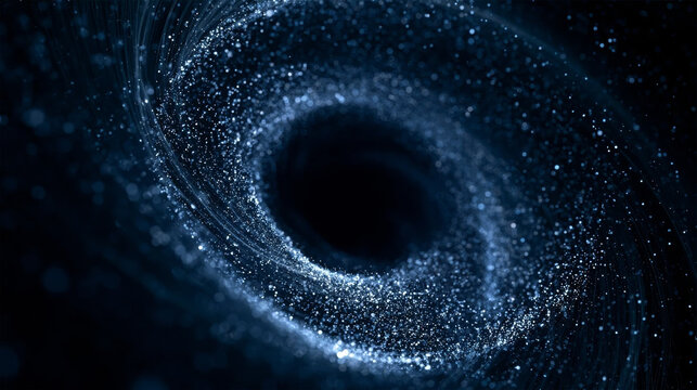Abstract blue particle vortex hole with glowing glitter dust background