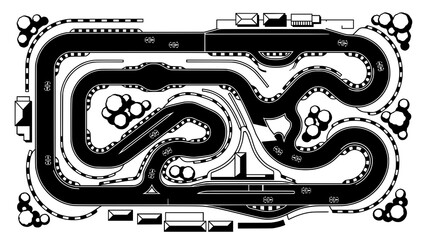 Obraz premium Top down view of a black and white race track circuit map illustration