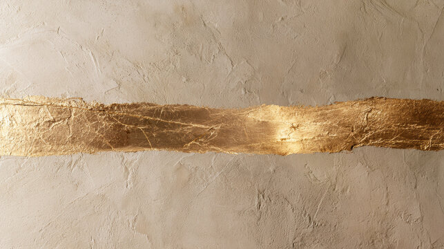 Abstract minimalist background with horizontal gold foil strip on textured beige plaster wall