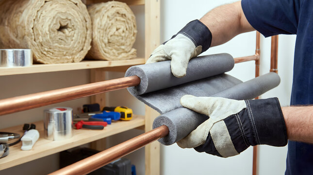 Plumber wearing protective gloves installing grey foam pipe insulation around a copper water pipe in a workshop storage area