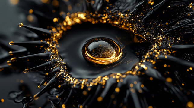 Abstract black ferrofluid and gold glitter particles liquid splash macro background