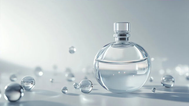 Clear glass perfume bottle surrounded by floating water droplets on clean minimalist light background