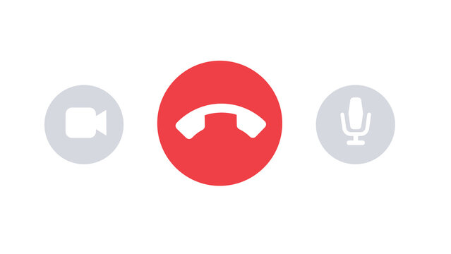 Minimal video call controls with hang up button, Simple video call control icons on transparent background with camera, red hang up phone button, and microphone symbols.