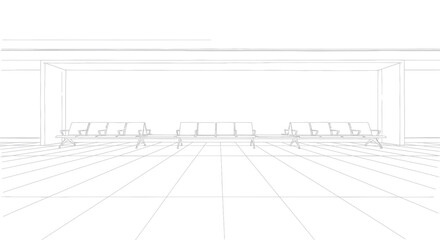 Fototapeta premium Modern Minimalist Waiting Area with Linear Arrangement of Gray Chairs and Tables in Empty Spacious Room