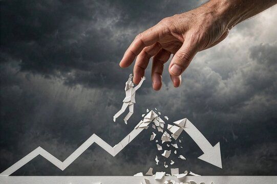 Helping hand saving a paper businessman from falling on a broken financial arrow graph in a storm