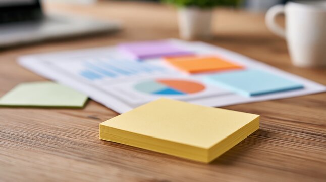 Note pad with yellow sticky paper on a wooden office desk with business chart data