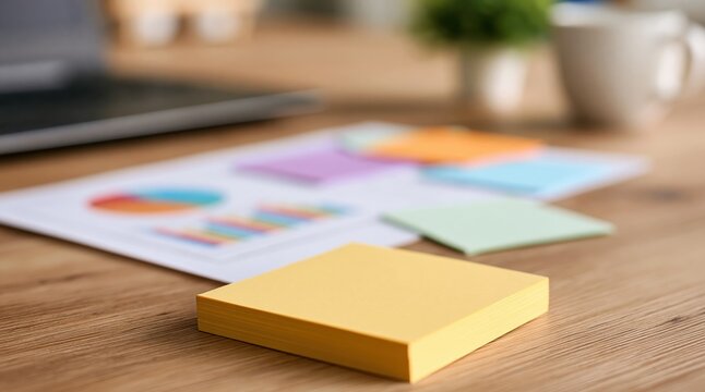 Sticky yellow note on a wooden office desk with business work documents and laptop