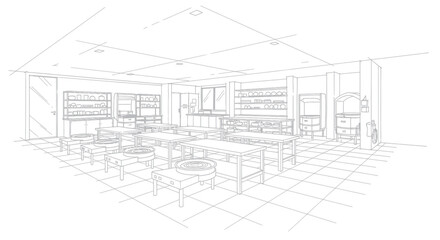 Fototapeta premium Professional Line Drawing of Modern Minimalist Restaurant or Caf Interior with Round Tables Bar Seating Shelves and Kitchen Equipment