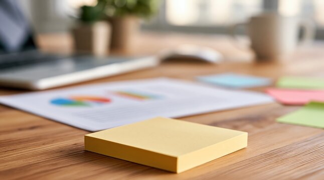 Note sticky yellow paper on a wooden office desk with blank space for business work