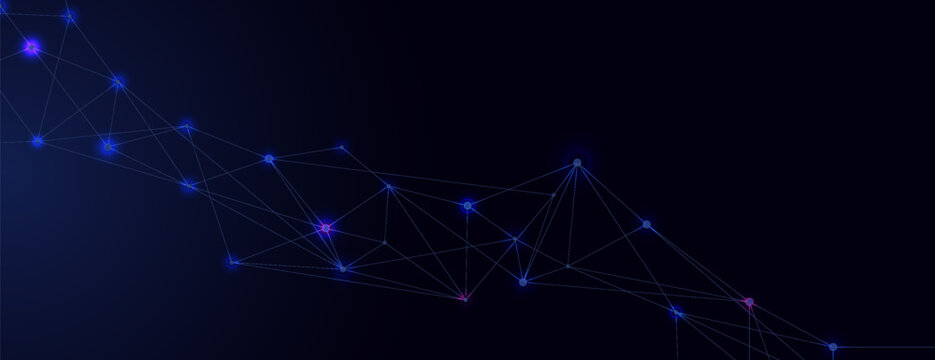 Network Background With Abstract Blue Border, Digital Data Lines, Connected Nodes and Polygon Mesh. Technology Banner for AI, Cloud Infrastructure, Analytics, Communication and Innovation.
