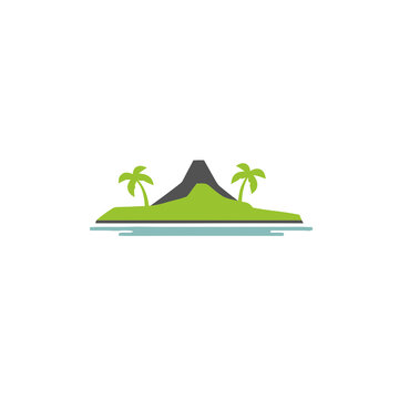 Tropical island with volcano and palm trees logo