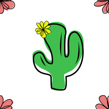 Cactus and Flower Seamless Pattern Hand Draw Flat Illustration Minimal style 