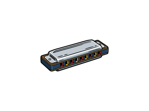 Colorful Harmonica Musical Instrument Shown Diagonally In Bold Outlined Retro Style Vector Illustration