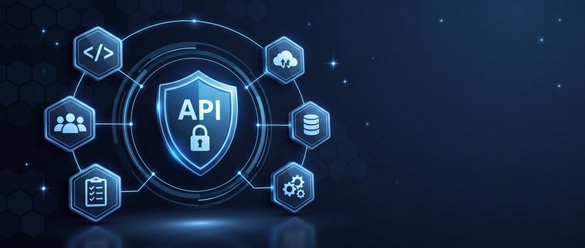 Application Programming Interface API Security Concept. Digital Shield with Lock Icon and Network Connection Icons Representing Data Protection, Cloud Computing, System Integration and Privacy.