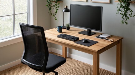 Fototapeta premium Office workspace with a wooden desk chair computer monitor and home interior plants