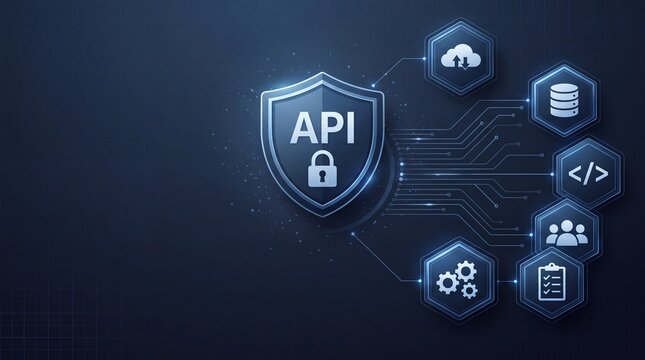 API Security and Integration Concept Featuring a Digital Shield and Padlock Icon with Connected Circuit Lines for Application Programming Interface Management and Cyber Data Protection