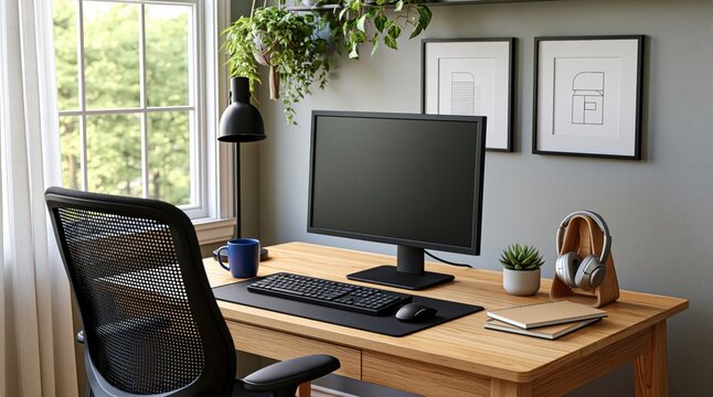 Office interior with modern desk and computer monitor in a cozy home workspace