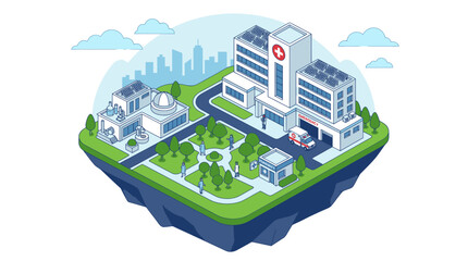 Fototapeta premium Isometric hospital and medical center complex with ambulance.