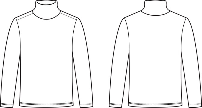 Fashion technical drawing of a women's long sleeve turtleneck garment with a high neckline and fitted shape. Clean vector apparel template showing front and back views, suitable for fashion designers.