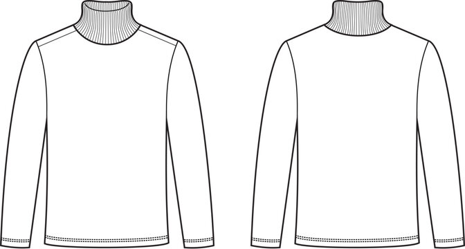 Turtleneck long sleeve top technical flat illustration, featuring a high neck, fitted silhouette, and clean garment construction. Front and back views in a professional fashion vector style.