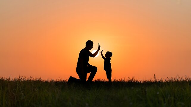 Father and son give a high five against an orange sunset.