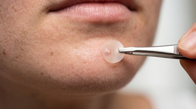 Applying hydrocolloid acne patch on chin pimple with tweezers close up