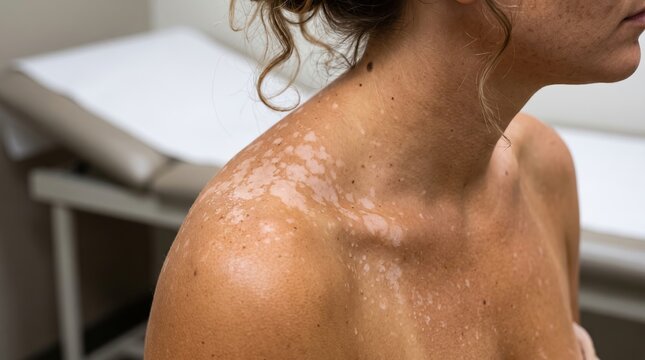 Female patient showing vitiligo depigmentation white spots on shoulder and neck at dermatology clinic