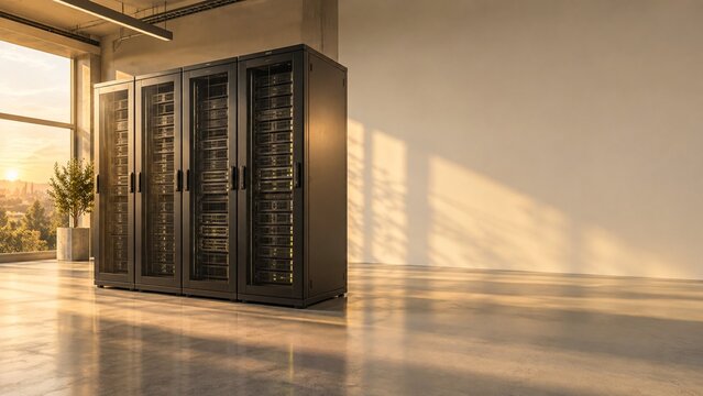 Secure server room in golden hour daylight background