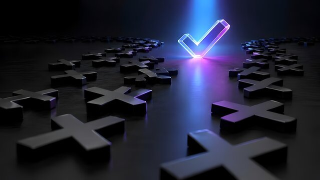 Glowing neon checkmark standing out among scattered black cross marks on dark background representing business choice and approval