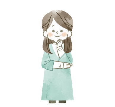 考えている女性-水彩