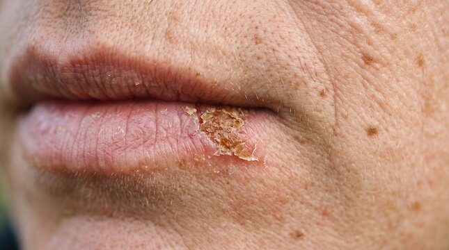 Macro close up of dry chapped lips with cracked peeling skin scab and cold sore crust