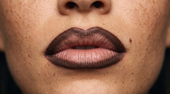 Close up of female lips with dark brown lip liner defining full plump lips