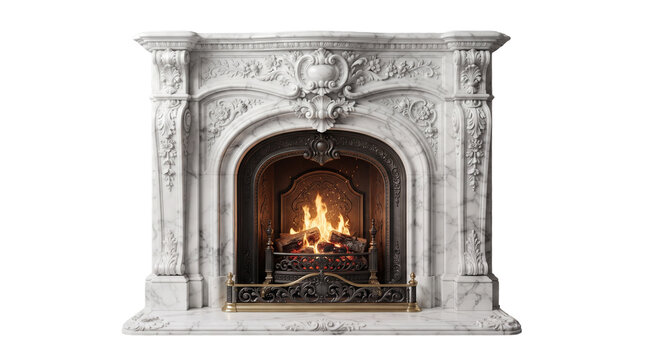 Antique white marble fireplace with ornate carvings, classic Victorian mantelpiece with burning fire, luxury stone hearth for interior design isolated PNG with Transparent Background