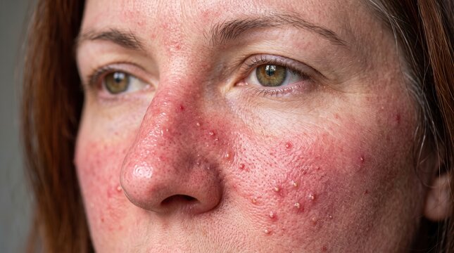 Close-up of woman face with papulopustular rosacea skin erythema and pustules