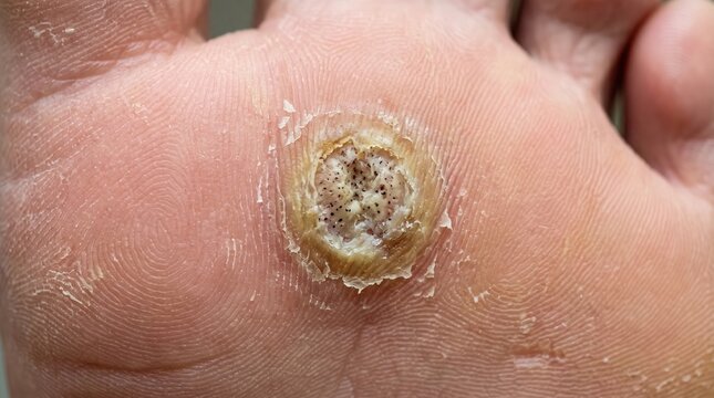Macro view of human plantar wart verruca on foot sole showing black capillaries