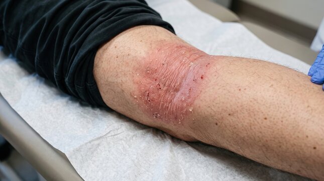 Close-up of severe flexural eczema rash on human knee and leg in clinic