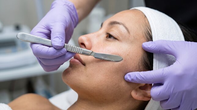 Beautician in surgical gloves performing dermaplaning exfoliation on woman cheek in salon