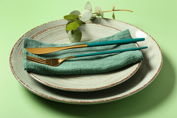 Fine dining and hospitality elegant table setting with ceramic plates gold cutlery and eucalyptus branch on a soft green background © Pixel-Shot