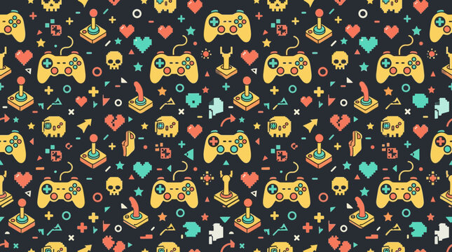 Retro Gaming Pattern: Joysticks, Controllers, Hearts, and Skulls