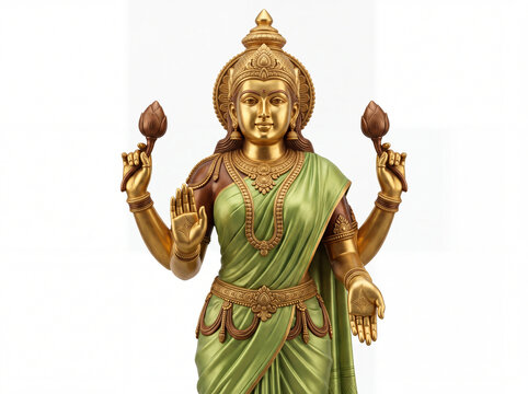 Golden goddess lakshmi statue with green sari for diwali