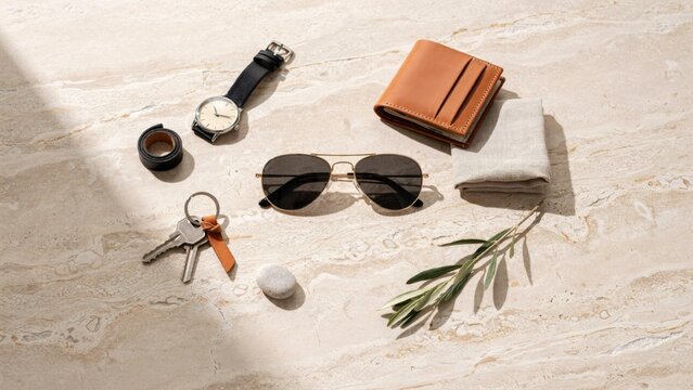 Wallet, Sunglasses, Watch, and Keys Arrangement on Marble Surface. Minimalist Flat Lay, Men's Accessories