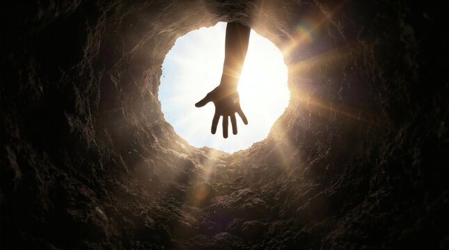 Hand reaching out from deep hole towards sunlight for help concept