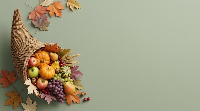 A beautiful thanksgiving border featuring a cornucopia overflowing with autumn's harvest and colorful fall leaves