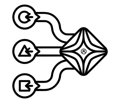 Line art icon showing multiple shape inputs connecting into a central diamond node containing a user avatar, representing data centralisation and profile aggregation isolated on white background