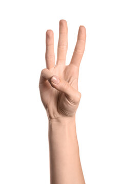 Communication and counting gesture, woman hand showing three fingers up for number or choice, nonverbal signal isolated on a clean white background