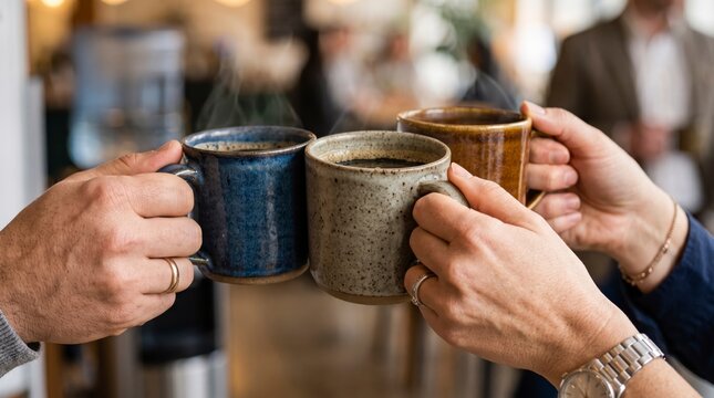 Close-up of diverse coworkers clinking rustic ceramic mugs filled with hot coffee during a morning break in a modern office cafeteria, celebrating teamwork and success.