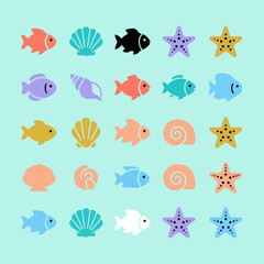 Fototapeta premium Seamless pattern with cute colorful sea creatures and shells